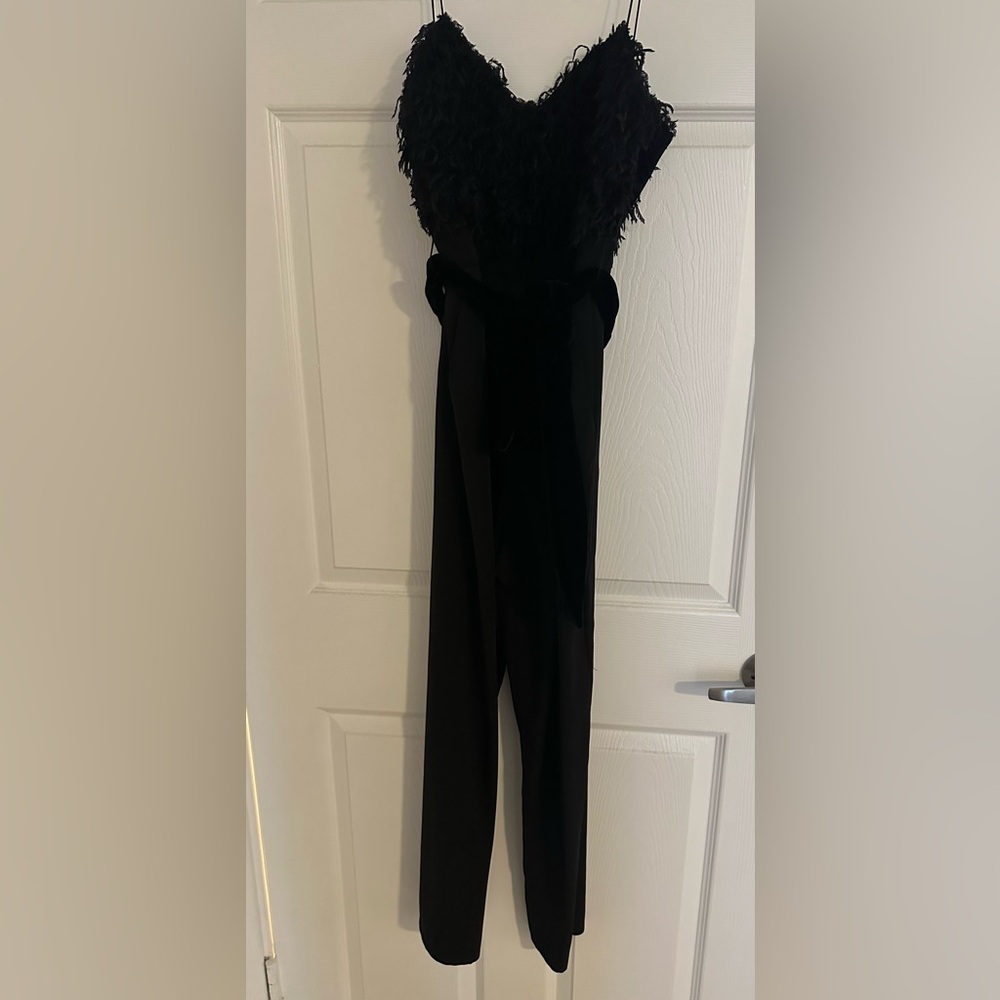 Zara- Like New, Black Feather Bust Strapless Jumpsuit with Belt, Size Small